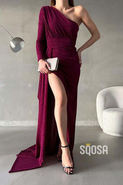 Chic & Modern Glitter One Shoulder Pleats Long Prom Dress With Train QP2592