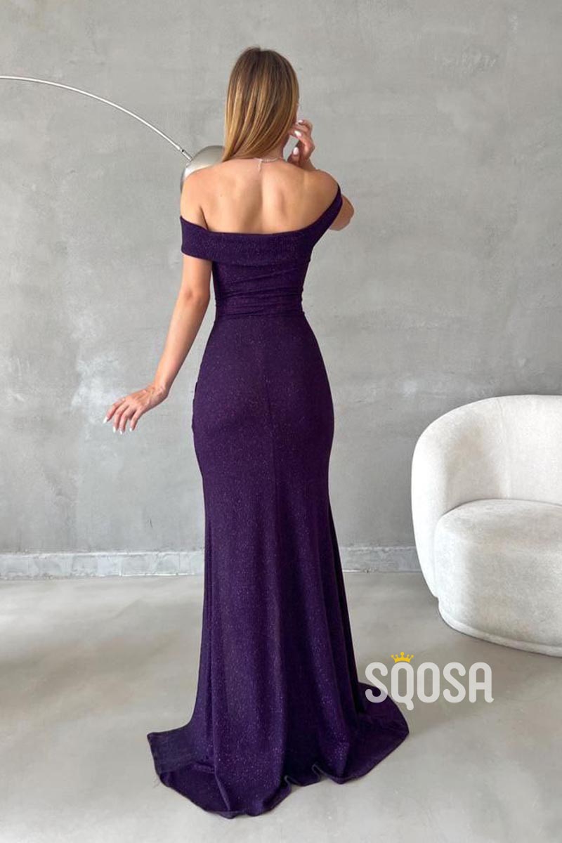 Sheath/Column Glitter Off-Shoulder Side Split Long Prom Formal Dress QP2617