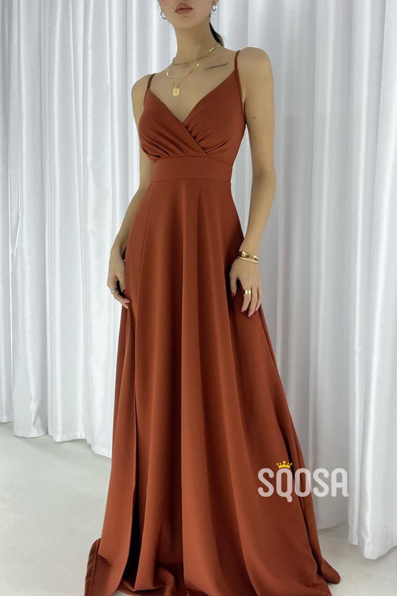 Simple A-Line Sexy V-neck Straps Long Prom Party Dress with Slit QP2671