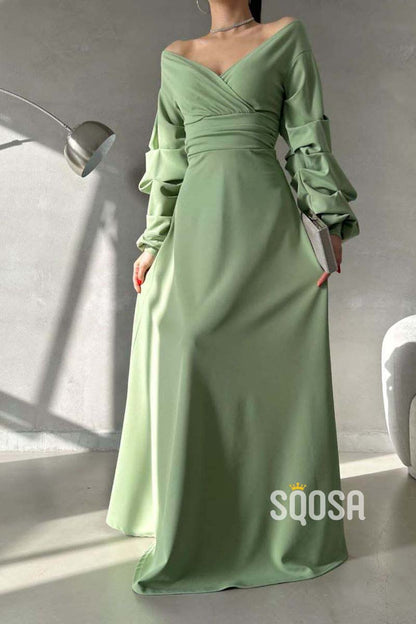 Simple A-Line V-Neck Off the Shoulder Puff Sleeves Long Prom Dress QP2801