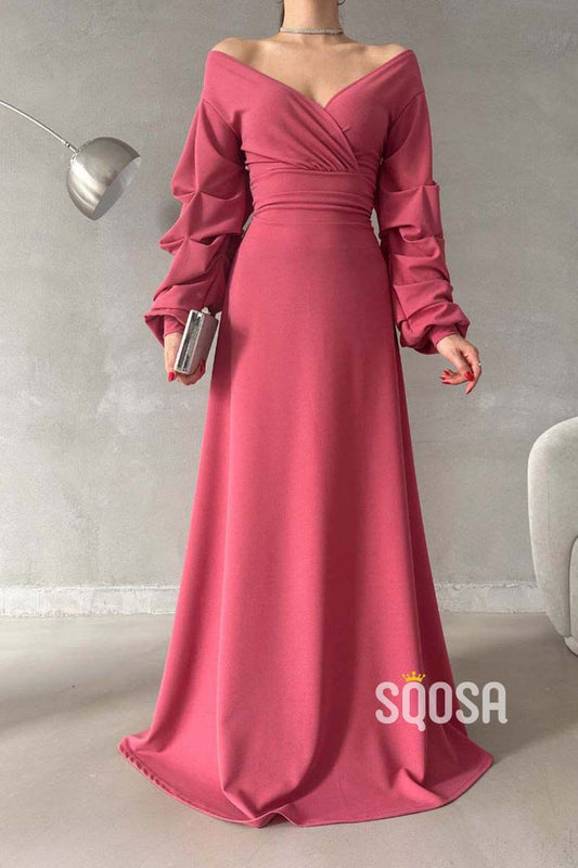 Simple A-Line V-Neck Off the Shoulder Puff Sleeves Long Prom Dress QP2801