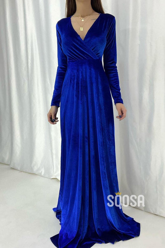 Sexy & Hot V-Neck Velvet Long Sleeves Simple Long Prom Dress Evening Gown QP2804