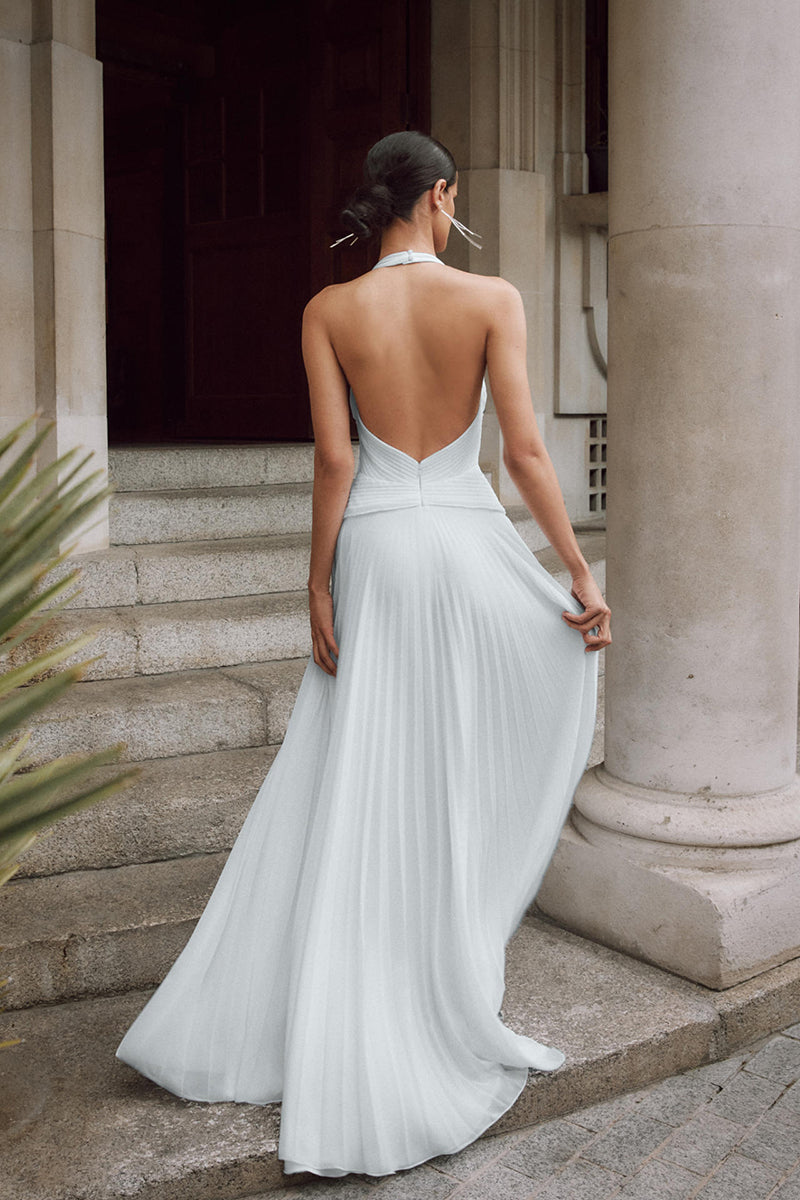 Attractive Deep V Neck Pleats Beach Wedding Dress White Boho Bridal Gown QW2348