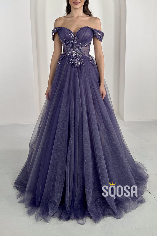 Off-Shoulder Tulle A-Line Sequined Appliques With Train Party Prom Evening Dress  QP3237