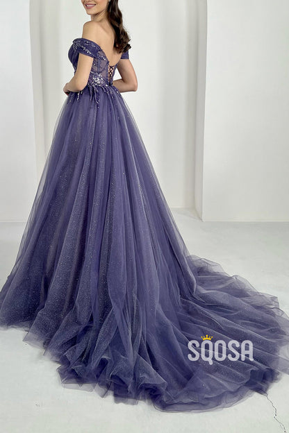 Off-Shoulder Tulle A-Line Sequined Appliques With Train Party Prom Evening Dress  QP3237