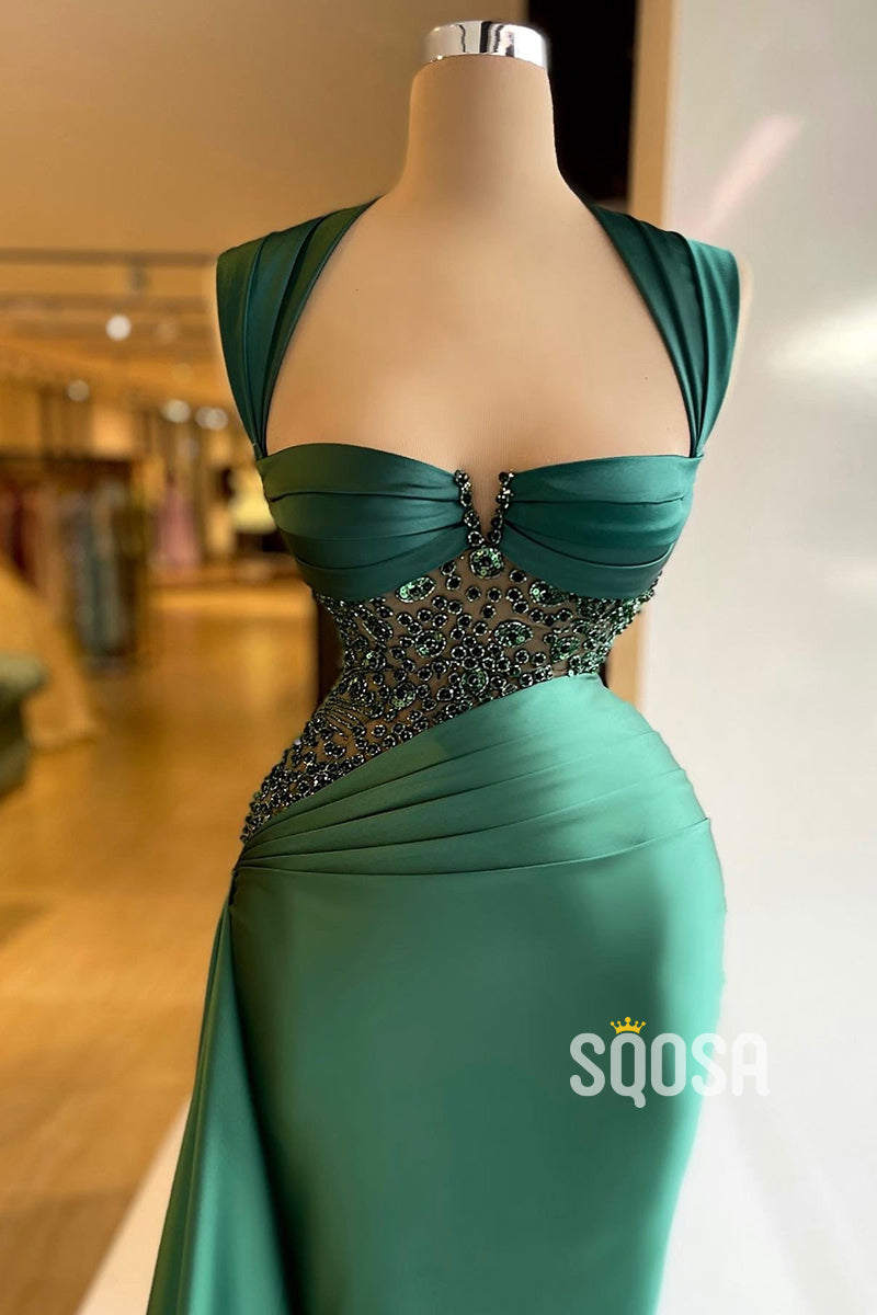 Chic & Modern Straps Green Beaded Pleats Prom Dress Evening Gown QP3128