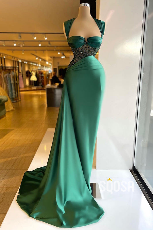 Chic & Modern Straps Green Beaded Pleats Prom Dress Evening Gown QP3128