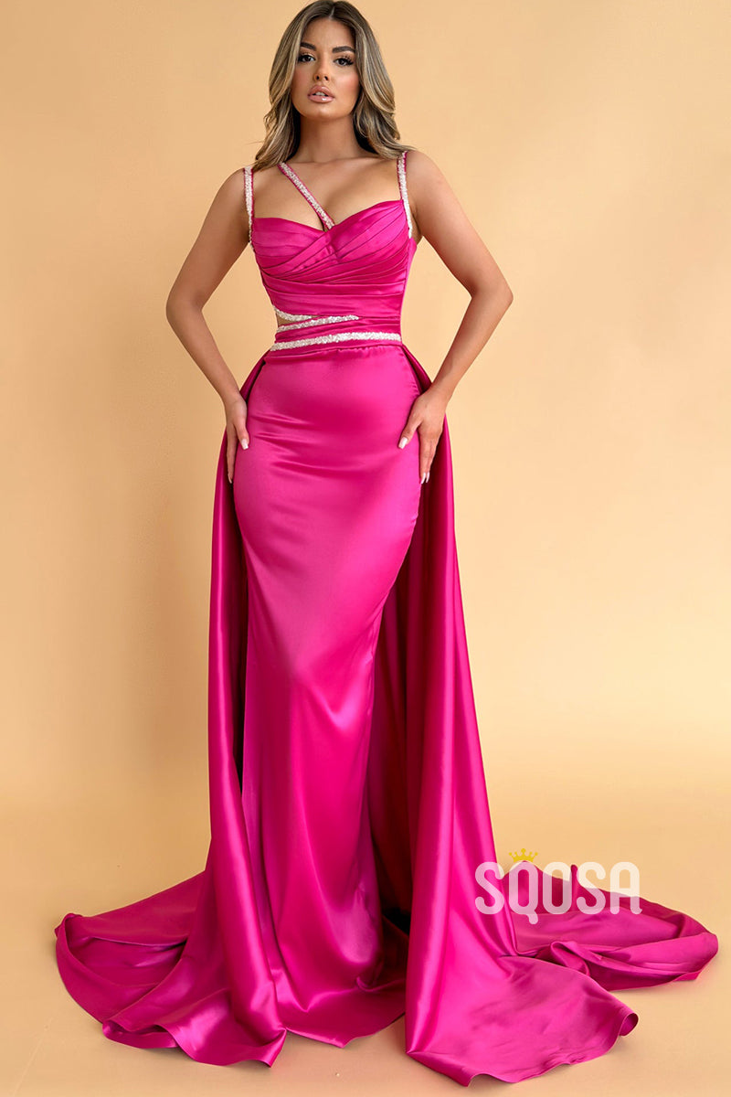 Chic A-Line Sweetheart Spaghetti Straps Beaded Pink Long Prom Dress QP0870