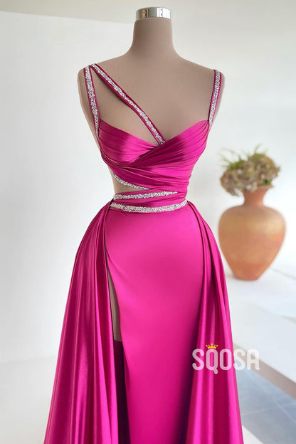 Chic A-Line Sweetheart Spaghetti Straps Beaded Pink Long Prom Dress QP0870