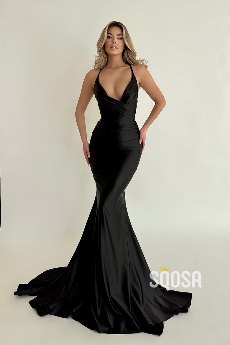 Sexy & Hot Mermaid/Trumpet Straps Pleats Blue Long Prom Evening Dress QP2435