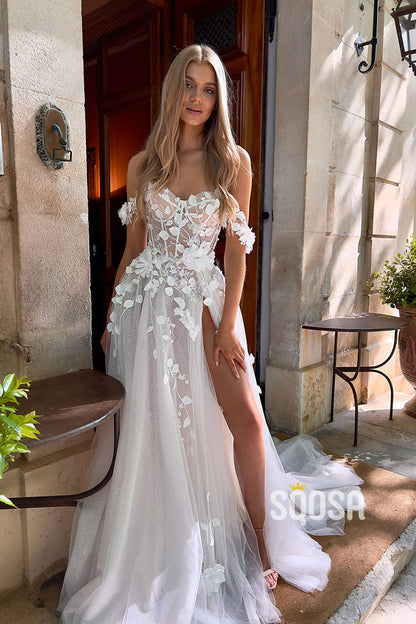 A-Line Applique Off-Shoulder Glitter Wedding Dress Bridal Gowns QW8035