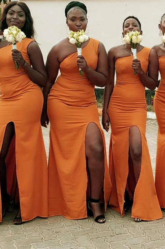 Chic One Shoulder Satin Side Slit Plus Size African Bridesmaid Dress QB3062