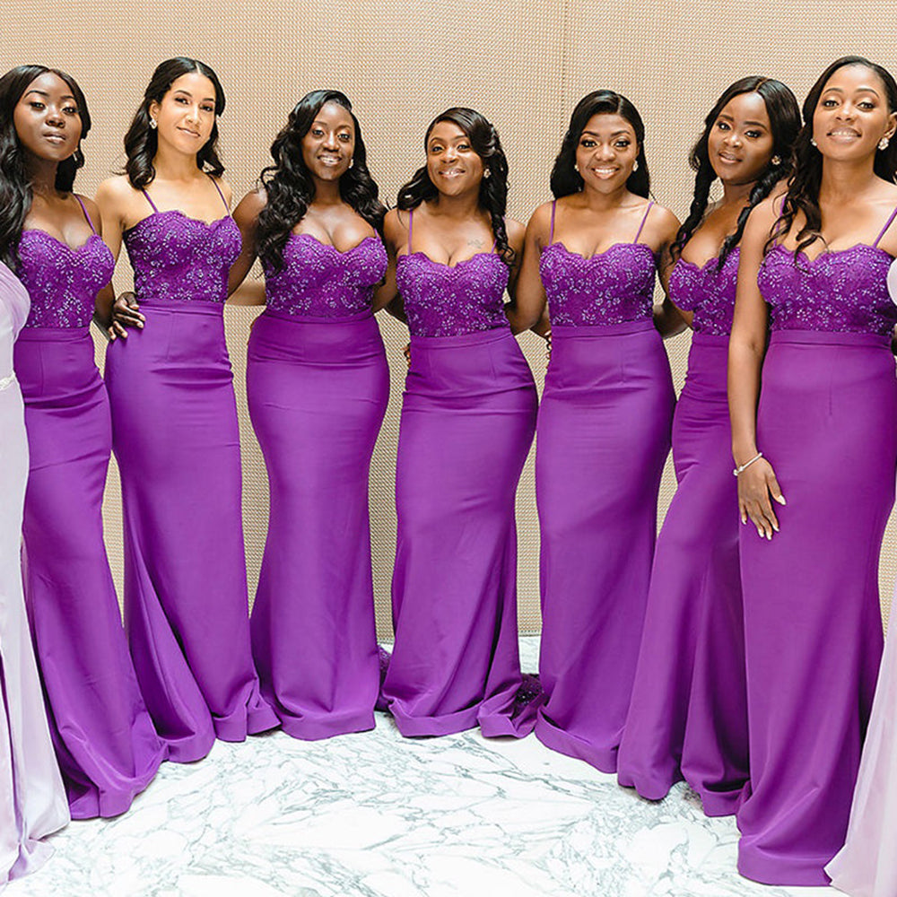 Spaghetti Straps Appliques Mermaid Purple Long Bridesmaid Dress QB3090