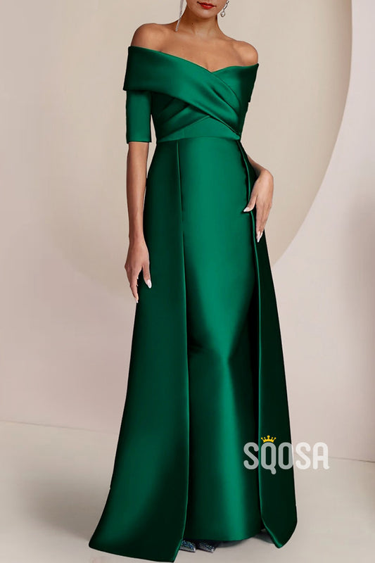Satin Fitted Off-Shoulder With Train Mother of the Bride Dress Elegant Evening Gown HM3281
