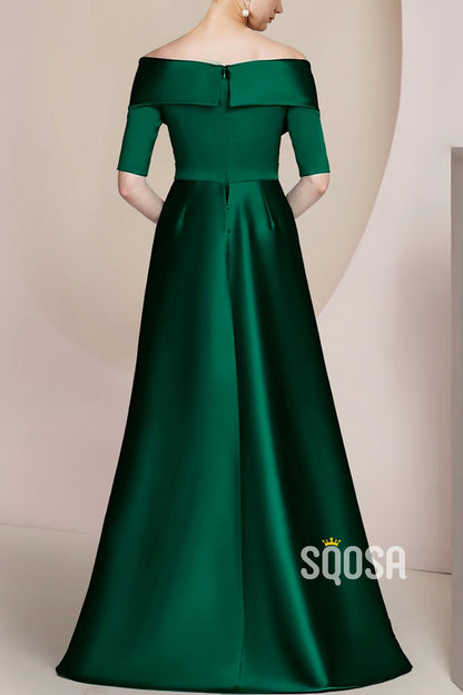 Satin Fitted Off-Shoulder With Train Mother of the Bride Dress Elegant Evening Gown HM3281