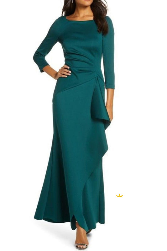 Fitted Scoop 3/4 Sleeves Ruffled Mother of the Bride Dress Elegant Evening Gown HM3283