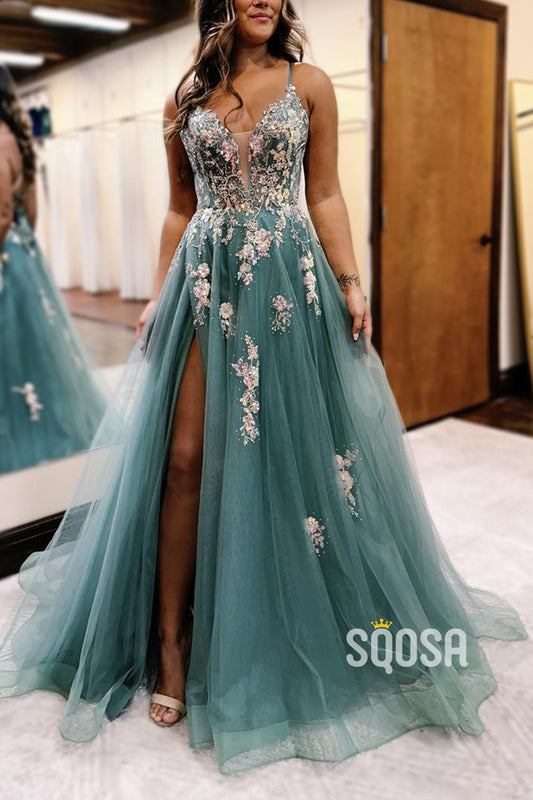 Tulle A-Line Sweetheart Spaghetti Straps Appliques With Side Slit Party Prom Evening Dress  QP3277