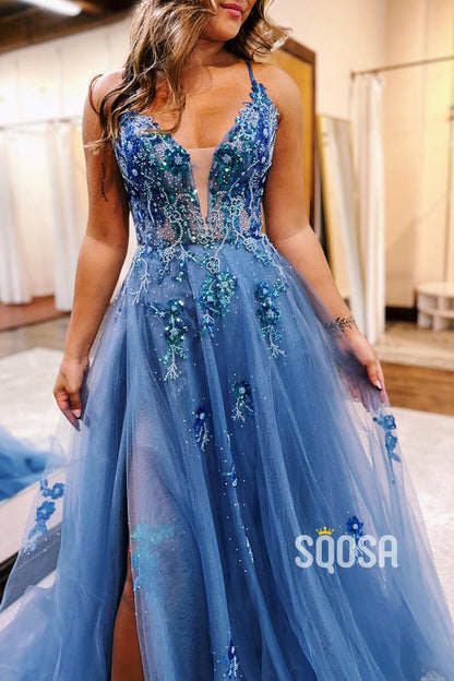 Tulle A-Line Sweetheart Spaghetti Straps Appliques With Side Slit Party Prom Evening Dress  QP3277