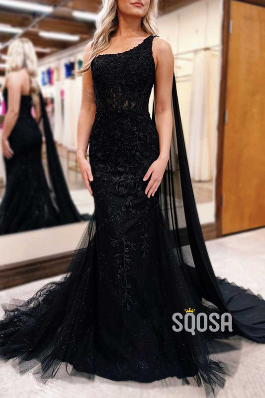 One Shoulder Lace Applique With Tulle Bolero Trumpet Party Prom Evening Dress QP3432