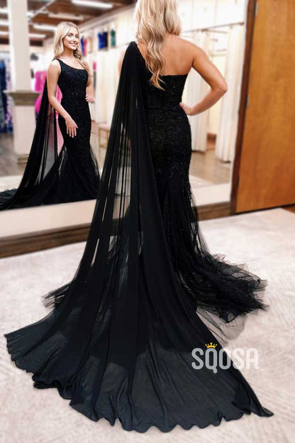 One Shoulder Lace Applique With Tulle Bolero Trumpet Party Prom Evening Dress QP3432