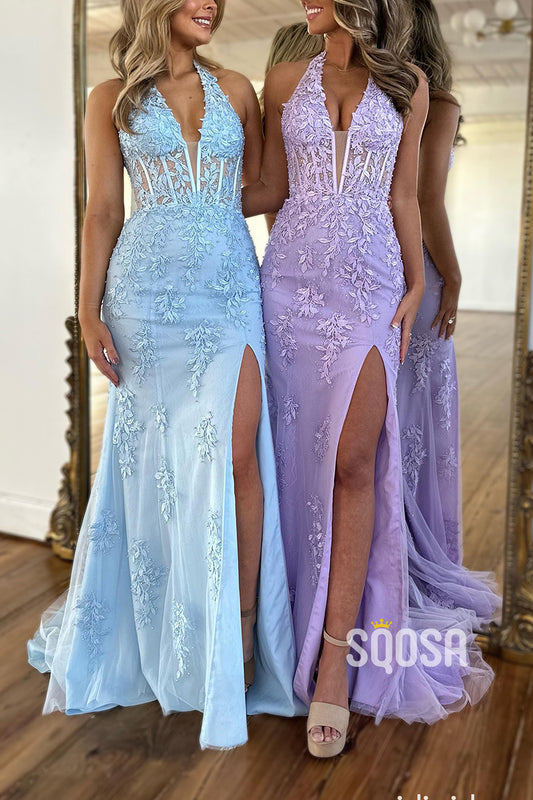 V-Neck Halter Sleeveless Empire Lace Applique With Side Slit Prom Formal Gown QP2976