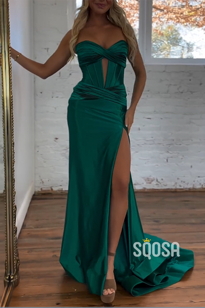 Sweetheart Strapless Illusion Emoire Ruched With Side Slit Train Party Prom Formal Dress QP2870