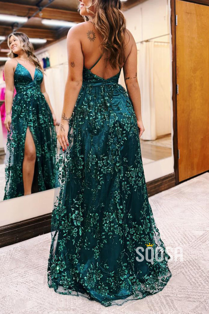 V-Neck Spaghetti Straps Empire Lace Applique With Side Slit A-Line Party Prom Evening Dress PW1344