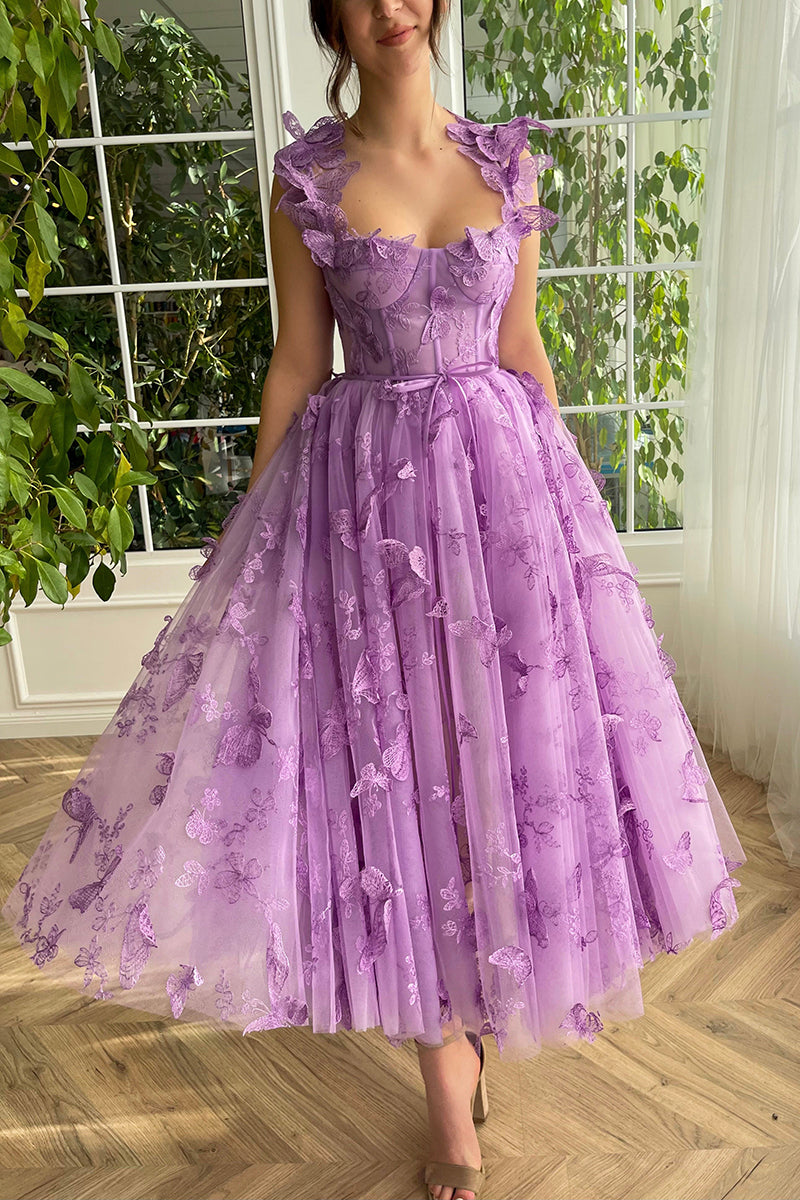 A Line Sweetheart 3D Lace Purple Vintage Prom Dress with Pockets QP2735