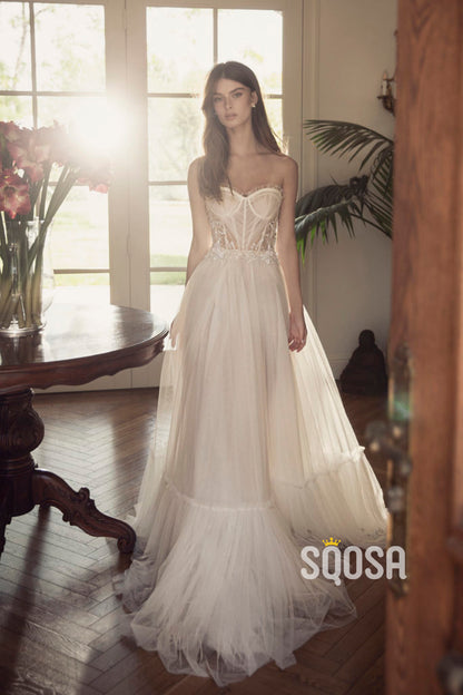 A-Line Straples Tulle Illusion Applique Casual Wedding Dress Bridal Gowns QW8046