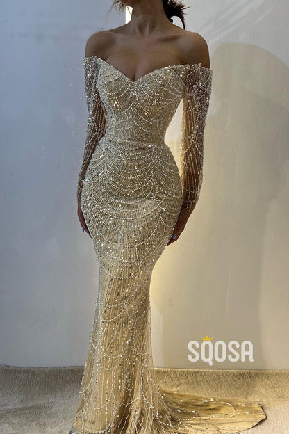 Champagne Off-Shoulder Beaded Sexy Long Sleeves Prom Dress Evening Dress QP0889