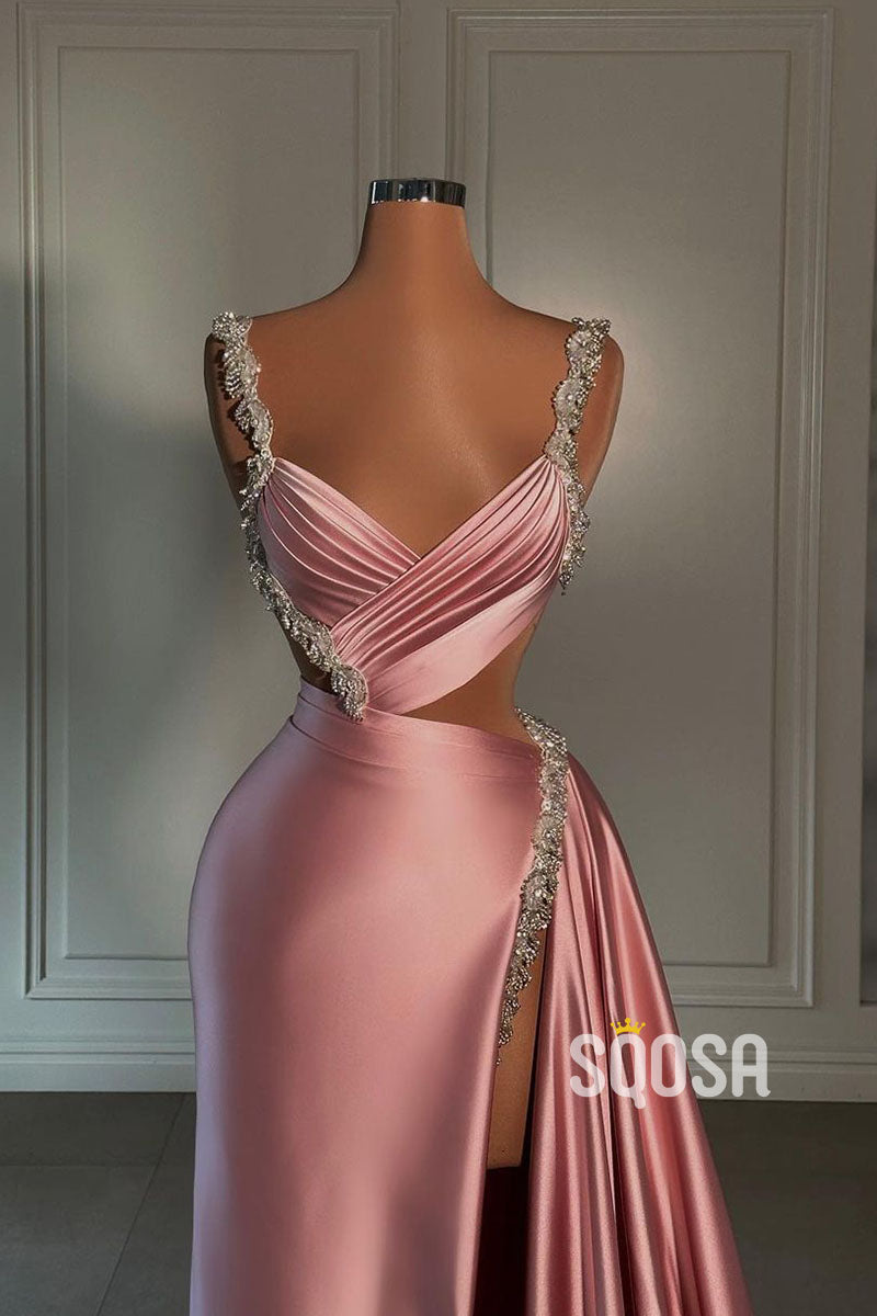 Chic Sheath Beaded Straps Pink Pleats Vintage Long Prom Dress Evening Gown QP0978
