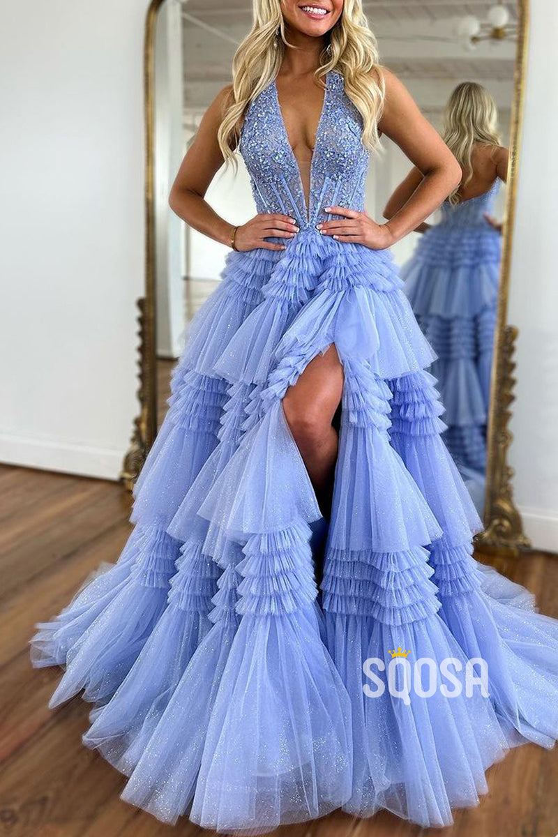 Tulle A-Line V-Neck Halter Empire Beaded Appliques Tiered With Side Slit Party Prom Evening Dress QP1292