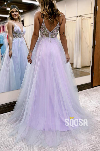 Tulle A-Line V-Neck Spaghetti Straps Illusion Empire Floral Appliqued With Side Slit Party Prom Evening Dress QP1334