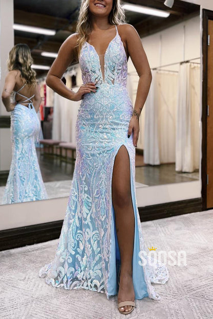 Glitter V-Neck Spaghetti Straps Sequined Appliques With Side Slit Prom Dress QP1358