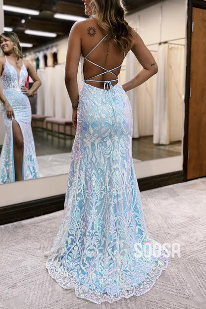 Glitter V-Neck Spaghetti Straps Sequined Appliques With Side Slit Prom Dress QP1358