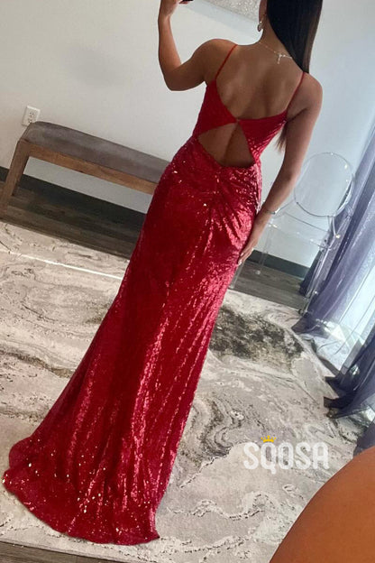 Sexy Glitter Fitted V-Neck Spaghetti Straps Empire Sequined Appliques With Side Slit Prom Formal Gown QP1402