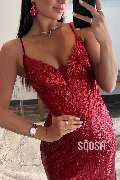 Sexy Glitter Fitted V-Neck Spaghetti Straps Empire Sequined Appliques With Side Slit Prom Formal Gown QP1402