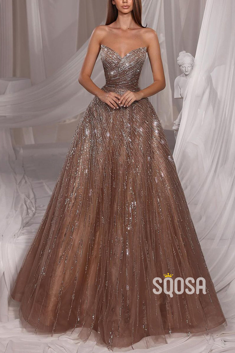Glitter Tulle A-Line V-Neck Strapless Empire Beaded  Long Prom Dress QP2097