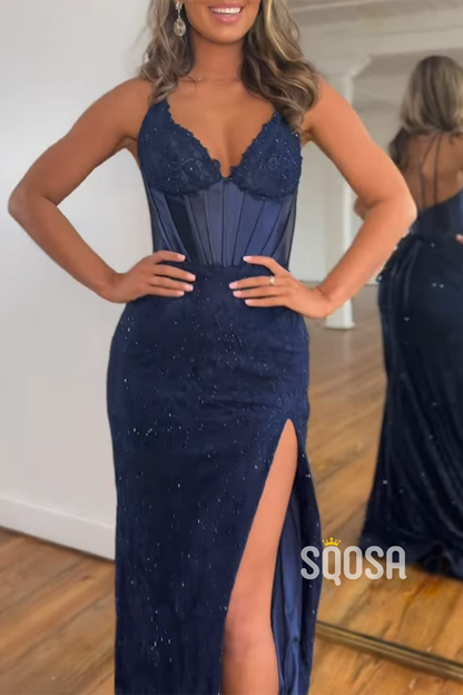 Sheath V-Neck Spaghetti Straps Lace Appliques With Side Slit Train Long Formal Evening Dress QP2157