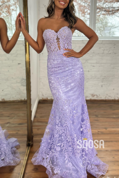 Trumpet Sweetheart Strapless Empire Lace Applique With Train Long Prom Dress QP2159