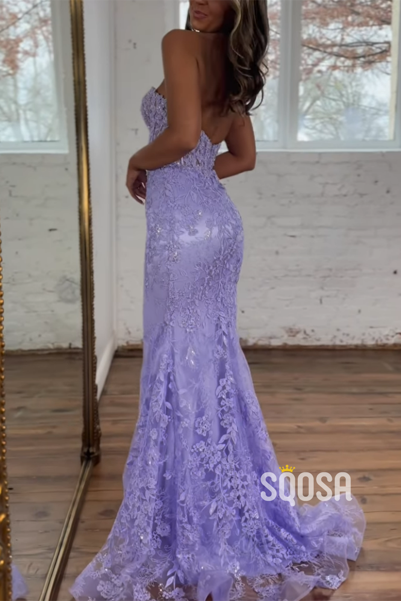 Trumpet Sweetheart Strapless Empire Lace Applique With Train Long Prom Dress QP2159
