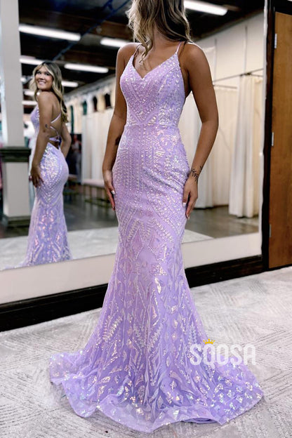 Trumpet V-Neck Spaghetti Straps Sequined Appliques Empire Party Prom Evening Dress QP2220