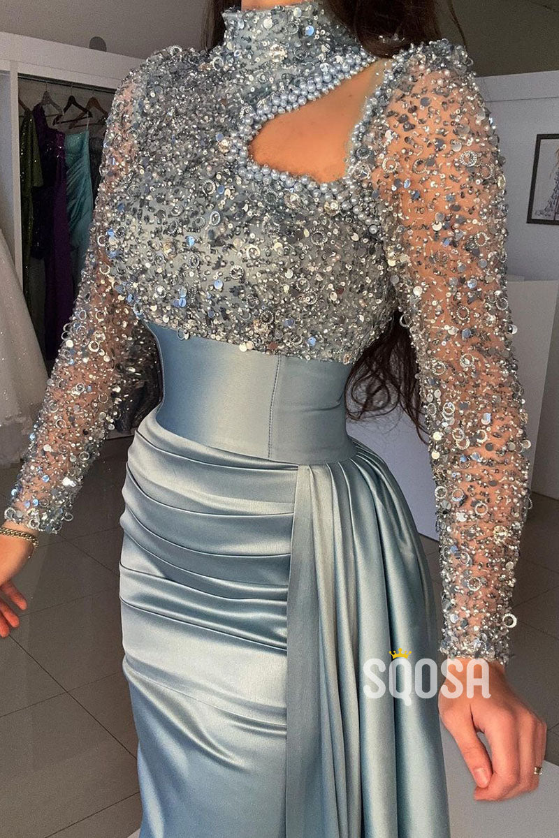 Sheath/Column Sequins High Neck Beaded Long Sleeves Prom Evening Gown QP2335