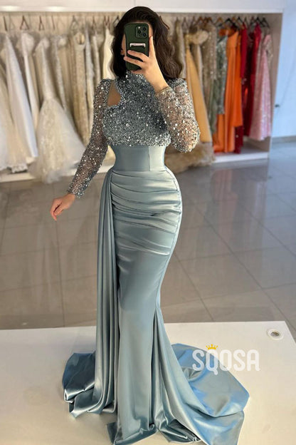 Sheath/Column Sequins High Neck Beaded Long Sleeves Prom Evening Gown QP2335