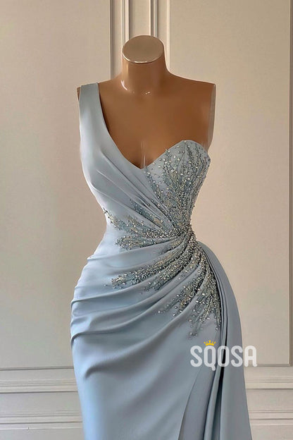 Sheath/Column One Shoulder Beaded Pleats Long Prom Dress Evening Gown QP2354