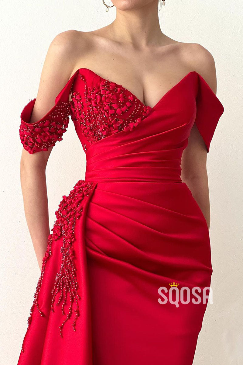 Sheath Off Shoulder Beaded Red Satin Long Prom Dress Evening Gown QP3124