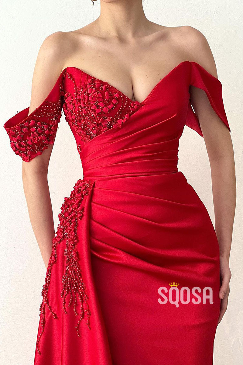 Sheath Off Shoulder Beaded Red Satin Long Prom Dress Evening Gown QP3124