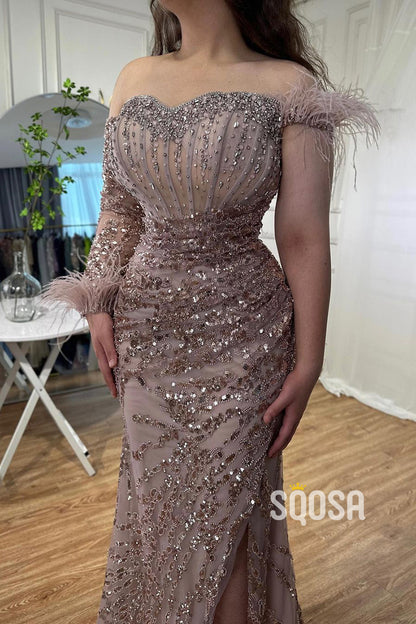 Off-Shoulder Beaded Sequins Feather Tulle Pleats Long Prom Dress QP3158