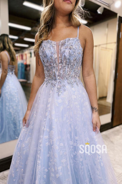 A-Line Straps Lilac Applique Illusion Long Prom Dress Evening Gowns QP3161