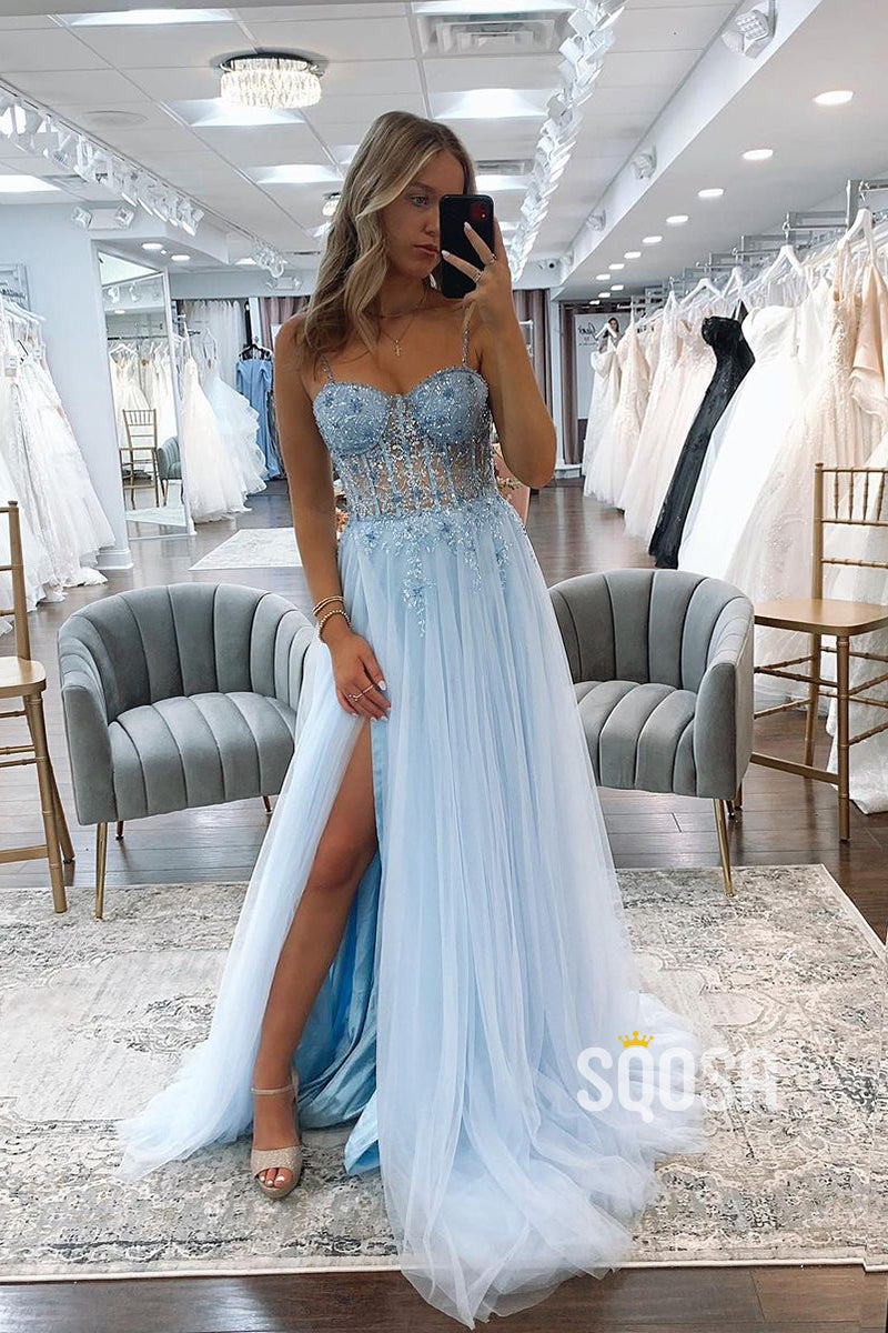 Illusion A-Line Straps Sequins Blue Long Prom Dress With Split Evening Gowns QP3162
